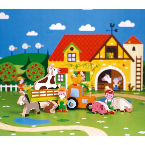  Janod Mini Story Box Toy - 10 Piece Imagination and Roll Playing On The Farm Painted Wooden People and Animal Play Set with for Imaginative Play for Ages 3+