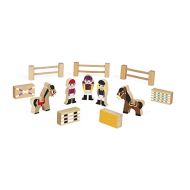 Janod Mini Story Box Toy - 12 Piece Imagination and Roll Playing Game - Riding School Painted Wooden People Play Set with Horses, Riders, Fences and Obstacles for Imaginative Play