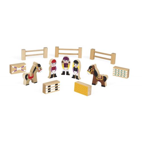  Janod Mini Story Box Toy - 12 Piece Imagination and Roll Playing Game - Riding School Painted Wooden People Play Set with Horses, Riders, Fences and Obstacles for Imaginative Play