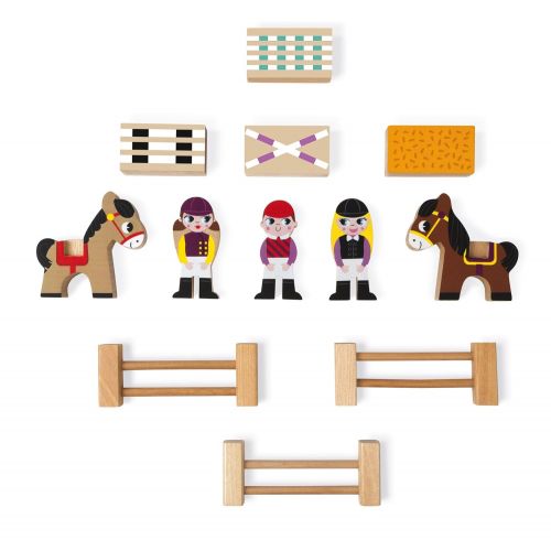  Janod Mini Story Box Toy - 12 Piece Imagination and Roll Playing Game - Riding School Painted Wooden People Play Set with Horses, Riders, Fences and Obstacles for Imaginative Play