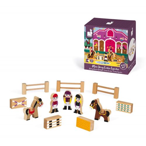  Janod Mini Story Box Toy - 12 Piece Imagination and Roll Playing Game - Riding School Painted Wooden People Play Set with Horses, Riders, Fences and Obstacles for Imaginative Play