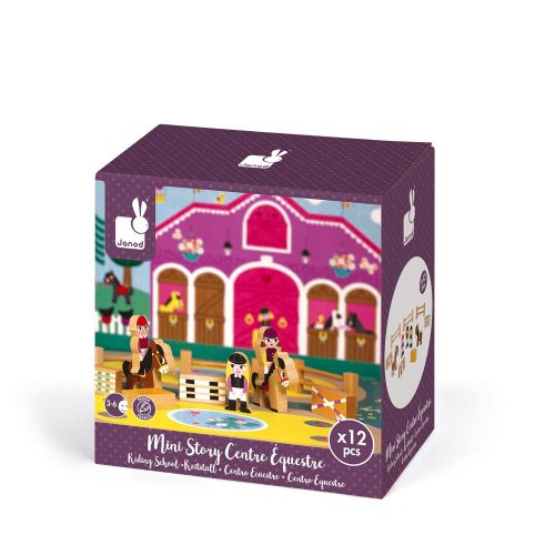  Janod Mini Story Box Toy - 12 Piece Imagination and Roll Playing Game - Riding School Painted Wooden People Play Set with Horses, Riders, Fences and Obstacles for Imaginative Play