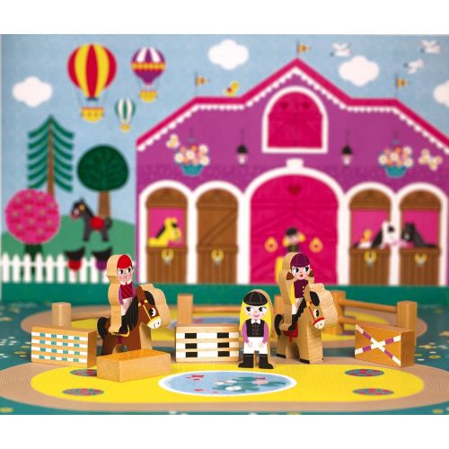  Janod Mini Story Box Toy - 12 Piece Imagination and Roll Playing Game - Riding School Painted Wooden People Play Set with Horses, Riders, Fences and Obstacles for Imaginative Play