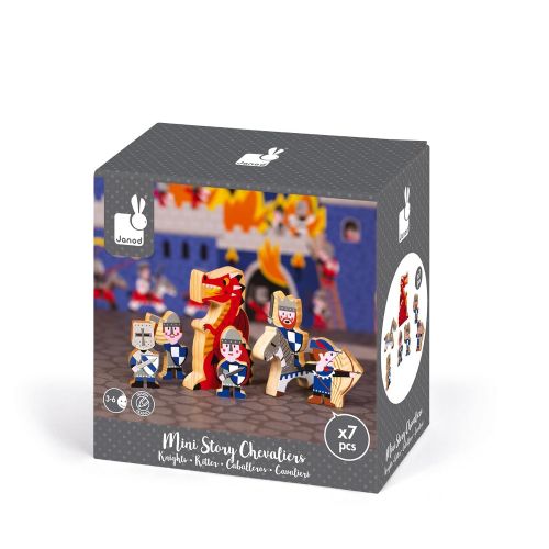  Janod Mini Story Box Toy - 7 Piece Imagination and Roll Playing Game - Dragon and Knight Painted Wooden People Play Set With Knights, A King, Archers, Dragon and Horse for Imaginat