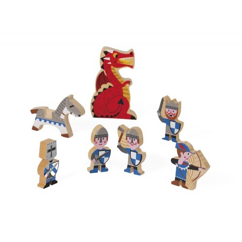  Janod Mini Story Box Toy - 7 Piece Imagination and Roll Playing Game - Dragon and Knight Painted Wooden People Play Set With Knights, A King, Archers, Dragon and Horse for Imaginat