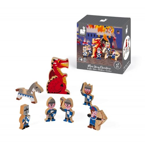  Janod Mini Story Box Toy - 7 Piece Imagination and Roll Playing Game - Dragon and Knight Painted Wooden People Play Set With Knights, A King, Archers, Dragon and Horse for Imaginat