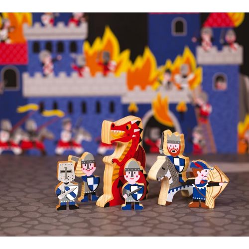  Janod Mini Story Box Toy - 7 Piece Imagination and Roll Playing Game - Dragon and Knight Painted Wooden People Play Set With Knights, A King, Archers, Dragon and Horse for Imaginat