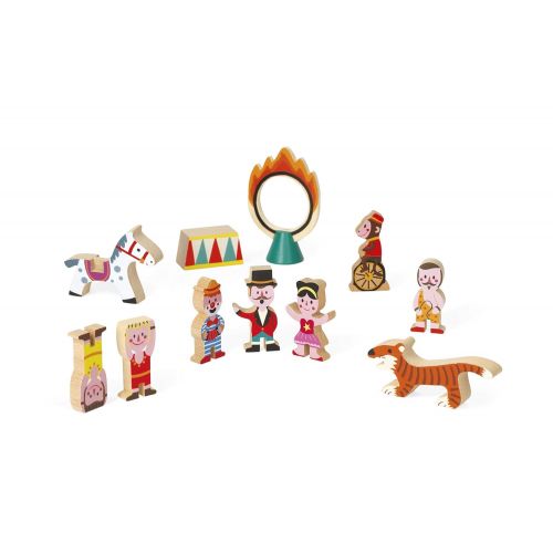  Janod Mini Story Box Toy - 11 Piece Imagination and Shape Stacking Game - Circus Painted Wooden Block Set for Imaginative Play for Ages 3+