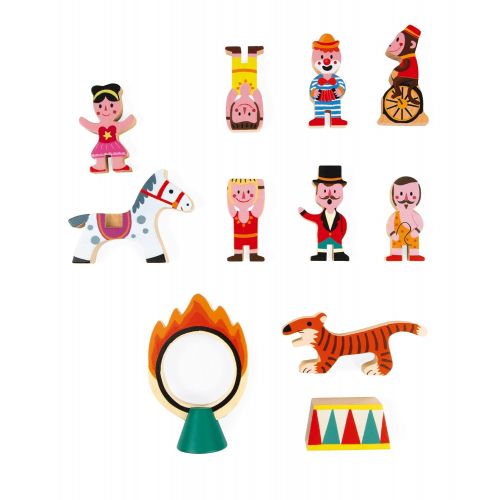  Janod Mini Story Box Toy - 11 Piece Imagination and Shape Stacking Game - Circus Painted Wooden Block Set for Imaginative Play for Ages 3+