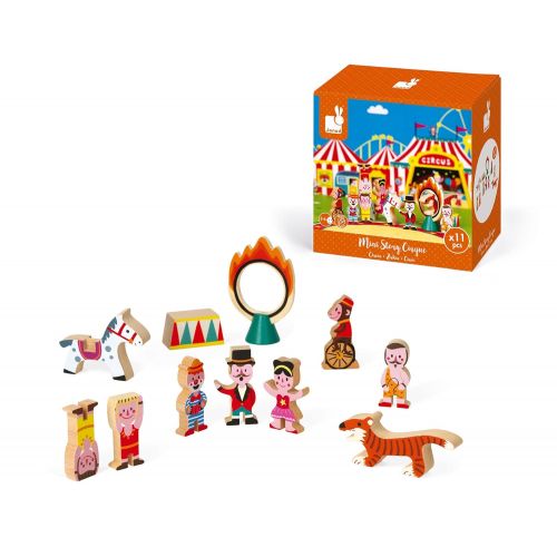  Janod Mini Story Box Toy - 11 Piece Imagination and Shape Stacking Game - Circus Painted Wooden Block Set for Imaginative Play for Ages 3+