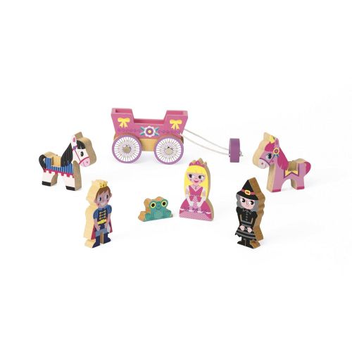  Janod Mini Story Box Toy - 7 Piece Imagination and Roll Playing Game - Princess Painted Wooden People Play Set with Pncess, Carriage, Prince, Frog and a Witch for Imaginative Play