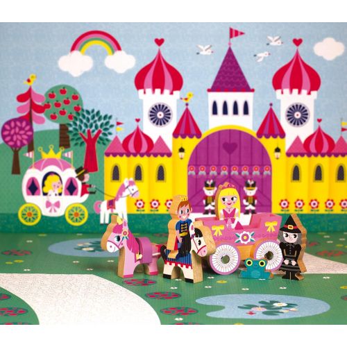  Janod Mini Story Box Toy - 7 Piece Imagination and Roll Playing Game - Princess Painted Wooden People Play Set with Pncess, Carriage, Prince, Frog and a Witch for Imaginative Play