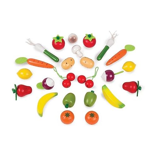  Janod 25 Piece Wooden Play Food Fruit and Vegetable Basket - Ages 3+ - J05620