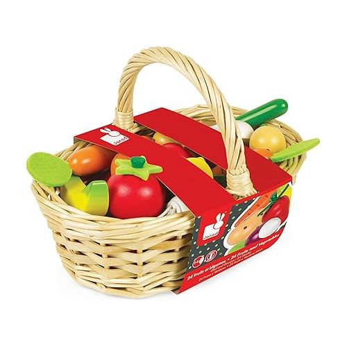  Janod 25 Piece Wooden Play Food Fruit and Vegetable Basket - Ages 3+ - J05620