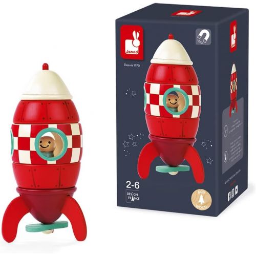  Janod Small Wood Magnetic Rocket Kit ? 2 in 1 Game - 5 Piece Magnet Stacker Toy ? Creative, Imaginative, Inventive, and Developmental Play ? Montessori, STEM Approach to Learning ?