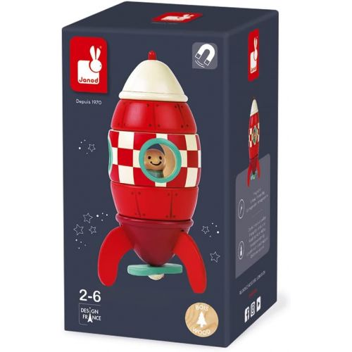  Janod Small Wood Magnetic Rocket Kit ? 2 in 1 Game - 5 Piece Magnet Stacker Toy ? Creative, Imaginative, Inventive, and Developmental Play ? Montessori, STEM Approach to Learning ?