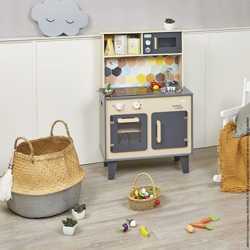  Janod 25 Piece Wooden Fruit and Vegetable Basket Set Play Kitchen Accessory for Pretend Play and Imagination Ages 3+, One Color (J05620)