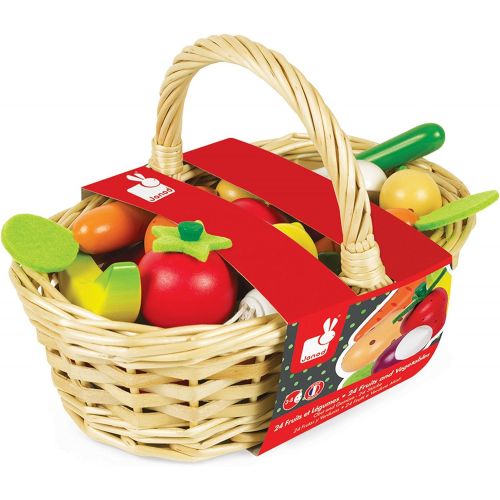  Janod 25 Piece Wooden Fruit and Vegetable Basket Set Play Kitchen Accessory for Pretend Play and Imagination Ages 3+, One Color (J05620)