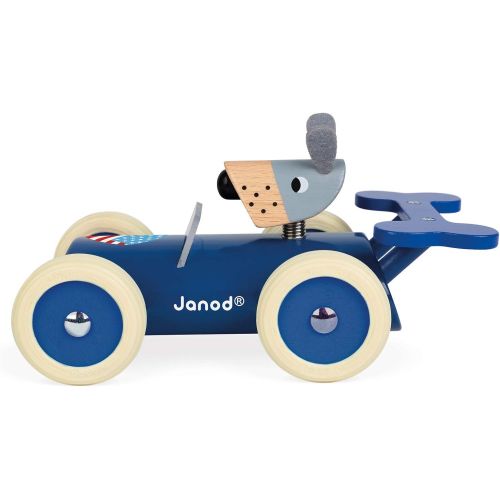  Janod Spirit Solid Cherry Wood Car Push Toy with Child-Safe Water-Based Lacquer, Rubber Wheels, & Wobbly Steve Dog Driver for Ages 18 Months+