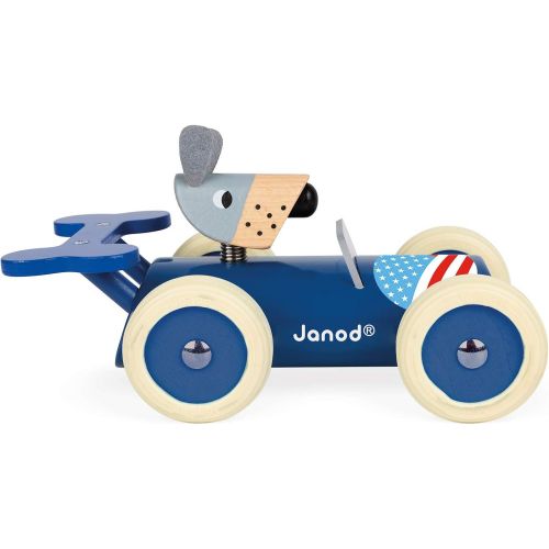  Janod Spirit Solid Cherry Wood Car Push Toy with Child-Safe Water-Based Lacquer, Rubber Wheels, & Wobbly Steve Dog Driver for Ages 18 Months+