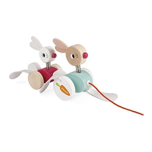  Janod Zigolos Pull Along Rabbit Family Early Learning and Motor Skills Toy with Flapping Feet Made of FSC Certified Beech and Cherry Wood for Ages 12 Months+