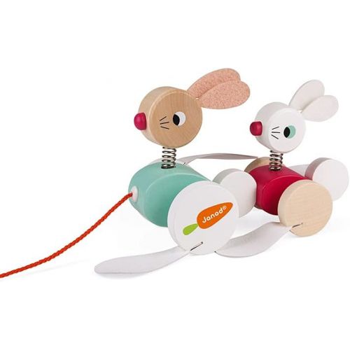  Janod Zigolos Pull Along Rabbit Family Early Learning and Motor Skills Toy with Flapping Feet Made of FSC Certified Beech and Cherry Wood for Ages 12 Months+