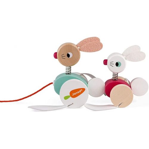  Janod Zigolos Pull Along Rabbit Family Early Learning and Motor Skills Toy with Flapping Feet Made of FSC Certified Beech and Cherry Wood for Ages 12 Months+