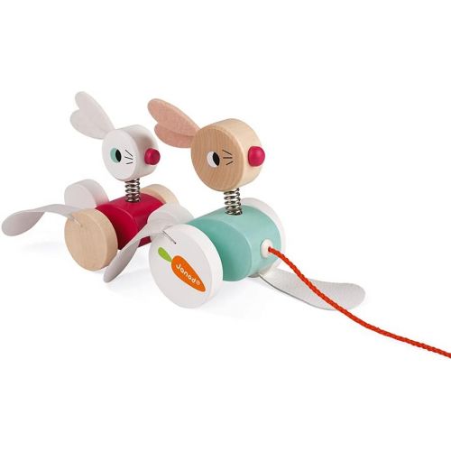  Janod Zigolos Pull Along Rabbit Family Early Learning and Motor Skills Toy with Flapping Feet Made of FSC Certified Beech and Cherry Wood for Ages 12 Months+