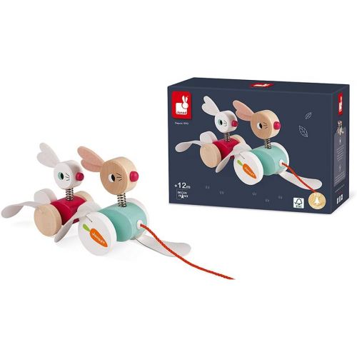  Janod Zigolos Pull Along Rabbit Family Early Learning and Motor Skills Toy with Flapping Feet Made of FSC Certified Beech and Cherry Wood for Ages 12 Months+