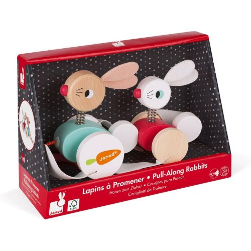  Janod Zigolos Pull Along Rabbit Family Early Learning and Motor Skills Toy with Flapping Feet Made of FSC Certified Beech and Cherry Wood for Ages 12 Months+