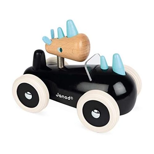  Janod Spirit Solid Cherry Wood Car Push Toy with Child-Safe Water-Based Lacquer, Rubber Wheels, & Wobbly Rony Rhino Driver for Ages 18 Months+