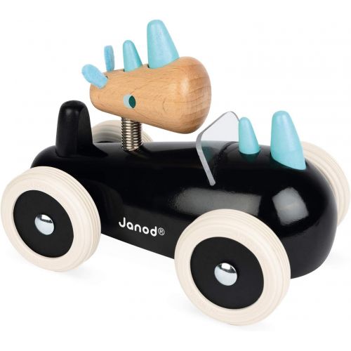  Janod Spirit Solid Cherry Wood Car Push Toy with Child-Safe Water-Based Lacquer, Rubber Wheels, & Wobbly Rony Rhino Driver for Ages 18 Months+