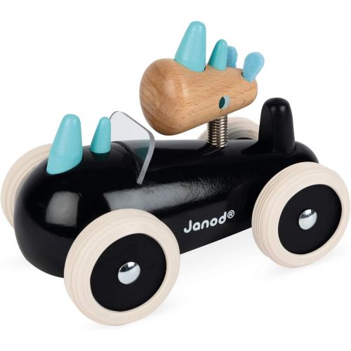  Janod Spirit Solid Cherry Wood Car Push Toy with Child-Safe Water-Based Lacquer, Rubber Wheels, & Wobbly Rony Rhino Driver for Ages 18 Months+