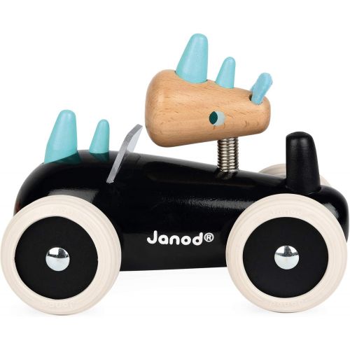 Janod Spirit Solid Cherry Wood Car Push Toy with Child-Safe Water-Based Lacquer, Rubber Wheels, & Wobbly Rony Rhino Driver for Ages 18 Months+