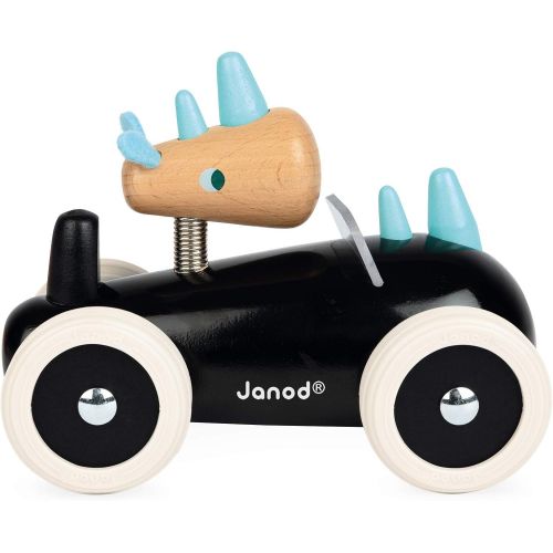  Janod Spirit Solid Cherry Wood Car Push Toy with Child-Safe Water-Based Lacquer, Rubber Wheels, & Wobbly Rony Rhino Driver for Ages 18 Months+