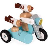Janod Spirit Solid Cherry Wood Motorcycle & Side Car Push Toy with Child-Safe Water-Based Lacquer, Rubber Wheels, & Wobbly Philip Dog Driver for Ages 18 Months+