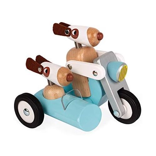  Janod Spirit Solid Cherry Wood Motorcycle & Side Car Push Toy with Child-Safe Water-Based Lacquer, Rubber Wheels, & Wobbly Philip Dog Driver for Ages 18 Months+