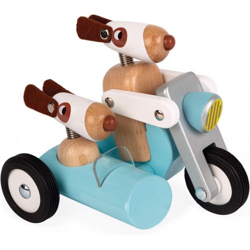  Janod Spirit Solid Cherry Wood Motorcycle & Side Car Push Toy with Child-Safe Water-Based Lacquer, Rubber Wheels, & Wobbly Philip Dog Driver for Ages 18 Months+