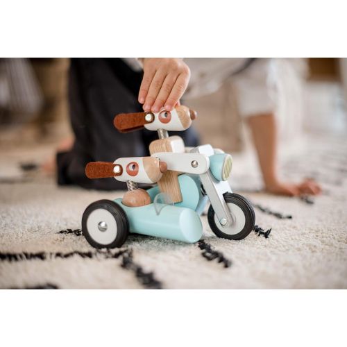  Janod Spirit Solid Cherry Wood Motorcycle & Side Car Push Toy with Child-Safe Water-Based Lacquer, Rubber Wheels, & Wobbly Philip Dog Driver for Ages 18 Months+