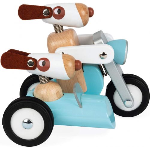  Janod Spirit Solid Cherry Wood Motorcycle & Side Car Push Toy with Child-Safe Water-Based Lacquer, Rubber Wheels, & Wobbly Philip Dog Driver for Ages 18 Months+