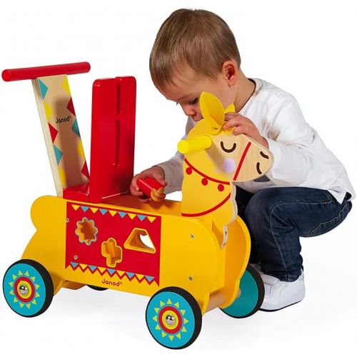  [아마존베스트]Janod Multi-Activities Wooden Llama Toddler Ride-On  Baby Sit-to-Stand Push Toy with Original Shape Sorter Accessories  Physical, Imaginative, and Developmental Play  Ages 12 Mo