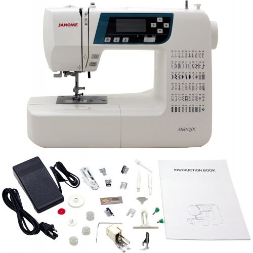  Janome 3160QDC Computerized Sewing Machine w/Hard Cover + Extension Table + Quilt Kit + 1/4 Seam Foot w/Guide + Overedge Foot + Zig Zag Foot + Zipper Foot + Buttonhole Foot + Needl