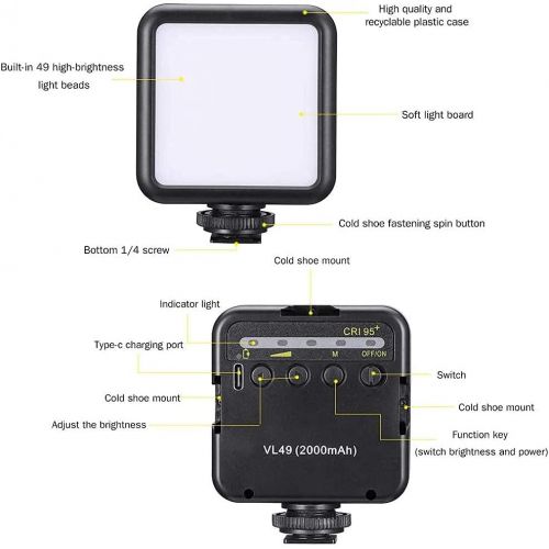  Jansite LED Camera Video Light 2000mAh Rechargeable Soft Panel Light,Mini 49 Light Dimmable with 3 Cold Shoe,Portable Vlog Lamp Fits for DJI Ronin S SC OSMO Mobile 3 Sony A6400 6500 GoPro