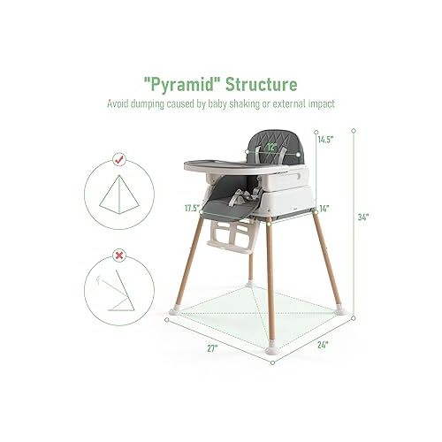  3-in-1 Convertible Baby High Chair with Adjustable Feeding Tray, 5 Point Harness, Footrest - Portable, Gray