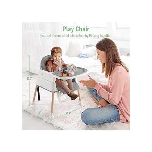  3-in-1 Convertible Baby High Chair with Adjustable Feeding Tray, 5 Point Harness, Footrest - Portable, Gray