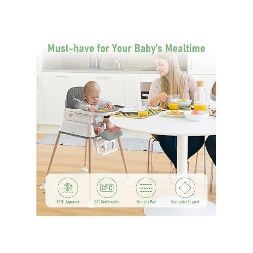  3-in-1 Convertible Baby High Chair with Adjustable Feeding Tray, 5 Point Harness, Footrest - Portable, Gray