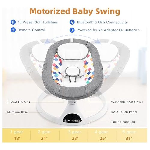  Jaoul Electric Portable Baby Swing for Infants, Newborn, Bluetooth Touch Screen/Remote Control Timing Function 5 Swing Speeds Aluminum Baby Rocker Chair with Music Speaker 5 Point Harness Gray