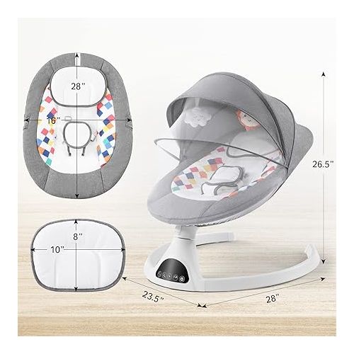  Jaoul Electric Portable Baby Swing for Infants, Newborn, Bluetooth Touch Screen/Remote Control Timing Function 5 Swing Speeds Aluminum Baby Rocker Chair with Music Speaker 5 Point Harness Gray