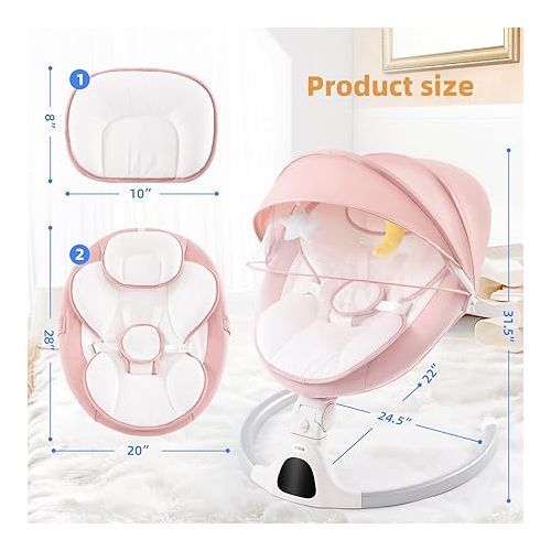  Jaoul Baby Swings for Infants, Electric Portable Baby Swing for Newborn Baby, Bluetooth Touch Screen/Remote Control Timing Function 5 Swing Speeds 3 Seat Positions Baby Bouncer for Boy Girl Pink