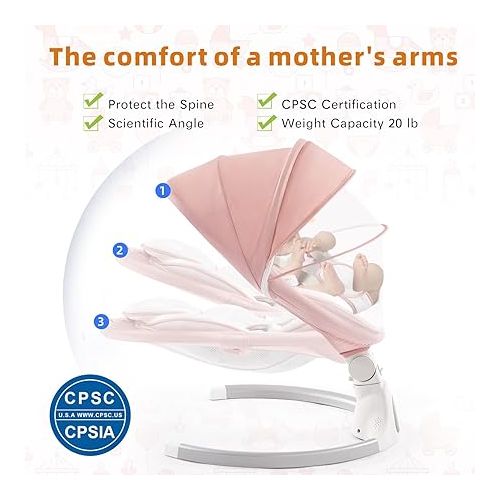  Jaoul Baby Swings for Infants, Electric Portable Baby Swing for Newborn Baby, Bluetooth Touch Screen/Remote Control Timing Function 5 Swing Speeds 3 Seat Positions Baby Bouncer for Boy Girl Pink